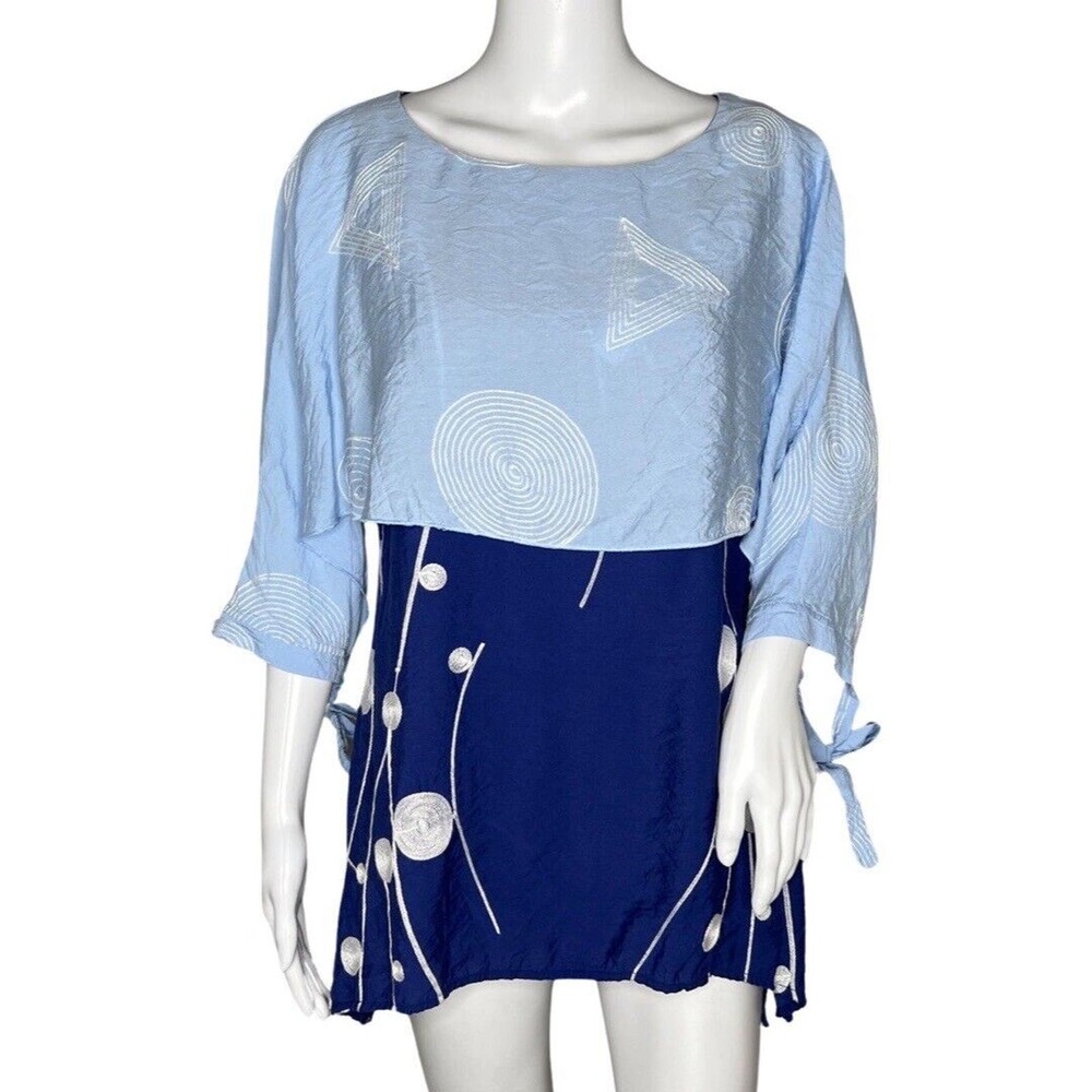 Feratelli Shirt Womens Small Blue Geometric Layered Lagenlook Artsy Art To Wear